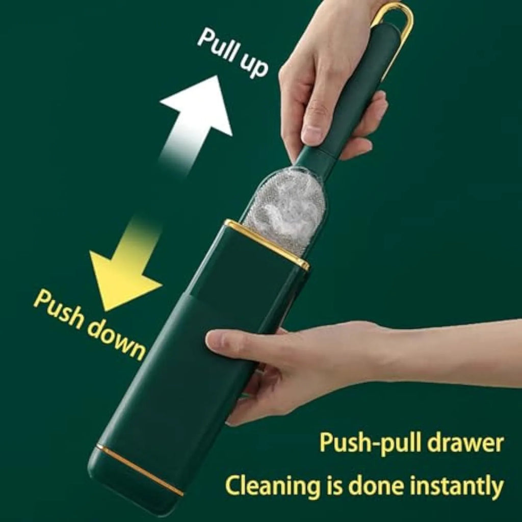 Blue green and white double-sided pet hair remover brush with a storage compartment base.