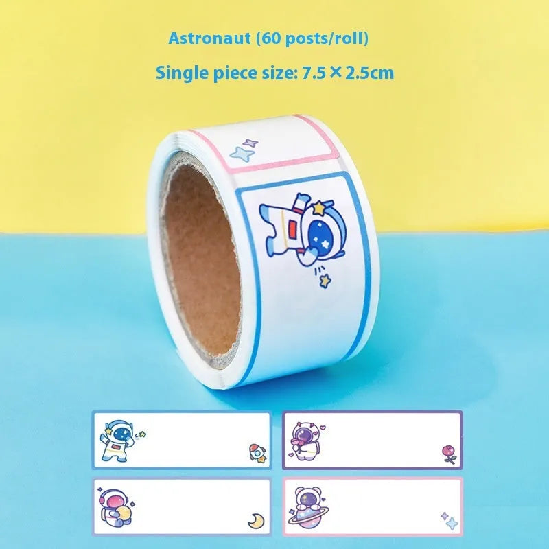 Roll of cartoon tape name labels showing dinosaur, astronaut, rabbit, and girl design options