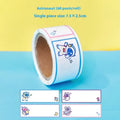 Roll of cartoon tape name labels showing dinosaur, astronaut, rabbit, and girl design options