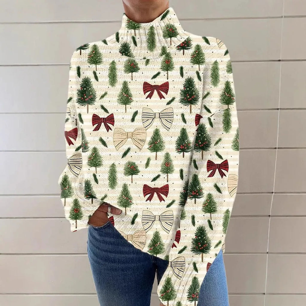 Women's loose-fit Christmas printed turtleneck sweater in macaron colours.