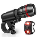 Bicycle headlight and taillight set with a separate mounting bracket on a bicycle handlebar.