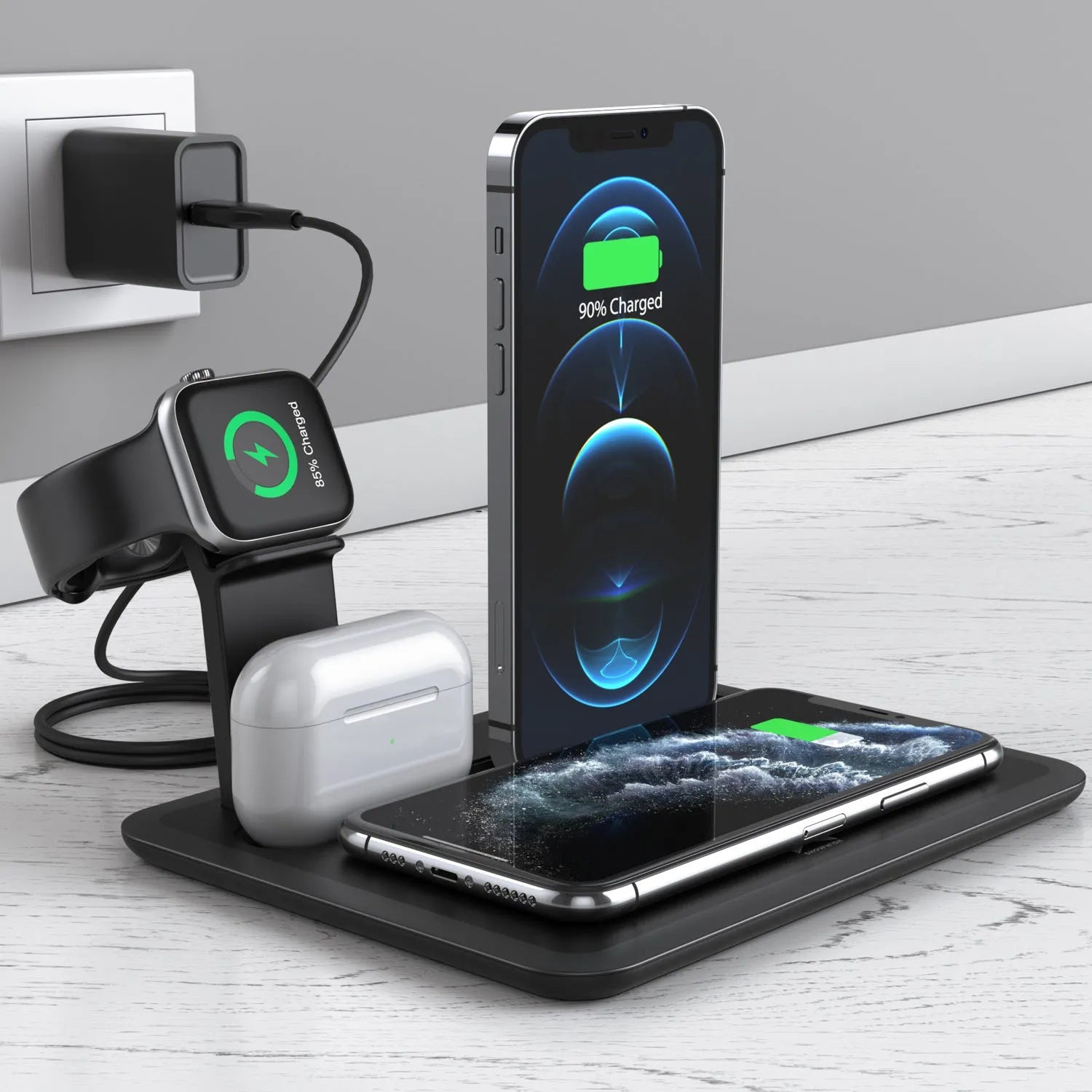 Black and white wireless charging station for phone watch headphones on desktop