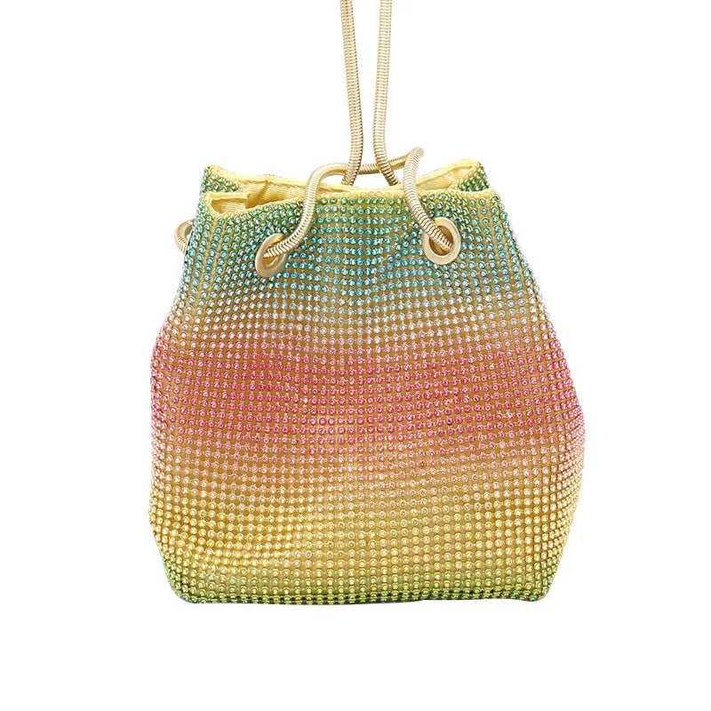 Soft multicolour rhinestone bucket bag with drawstring closure for evening wear.