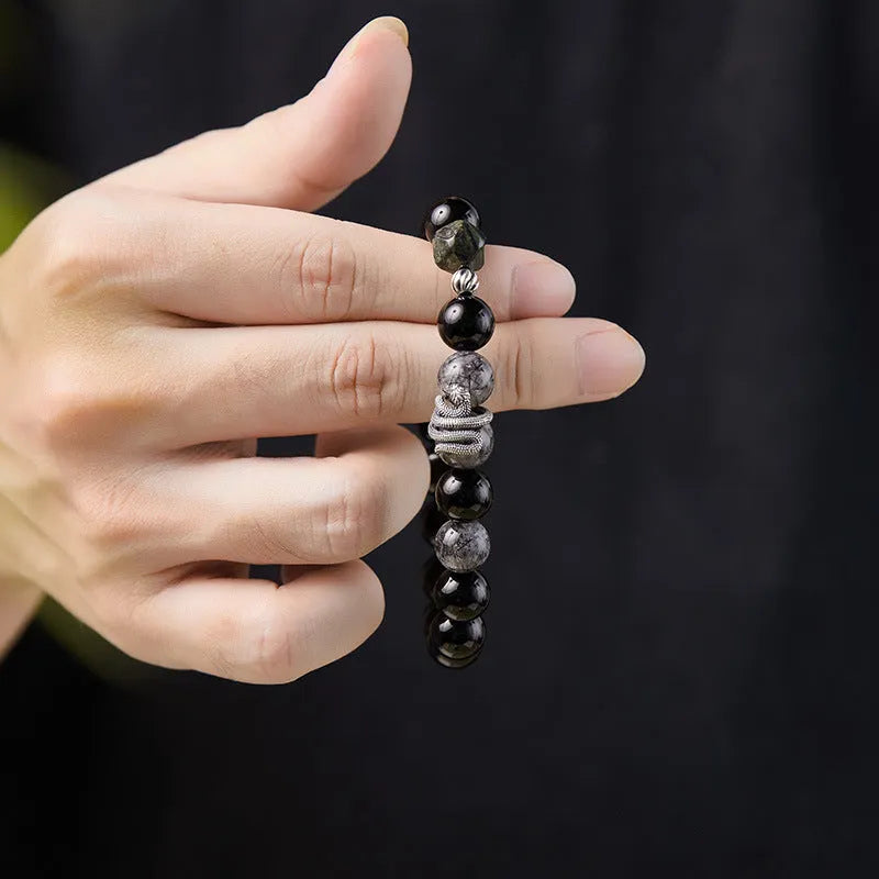 Men's black S925 sterling silver bracelet with 10mm obsidian crystal and detailed snake zodiac design
