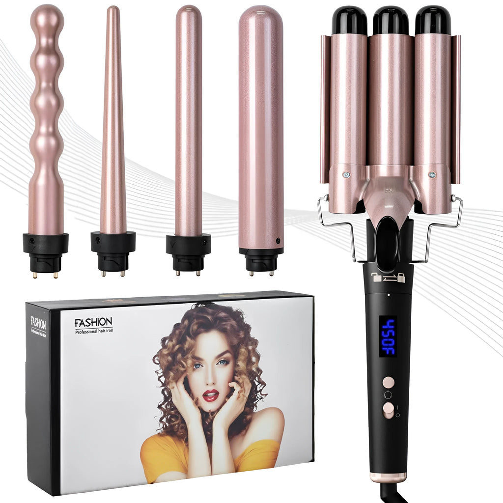 Rose gold five-in-one tube replacement hair curler with LCD screen and negative ion technology
