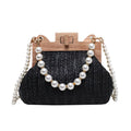Women's soft straw woven horizontal square shoulder bag with pearl chain strap in beige colour.