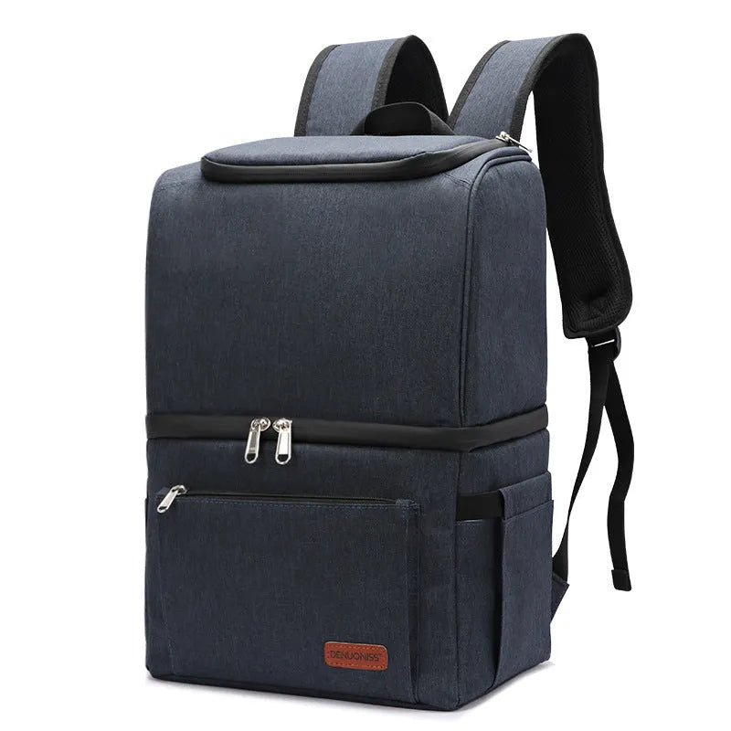 Blue insulated waterproof picnic backpack with 22L capacity and ice pack compartments