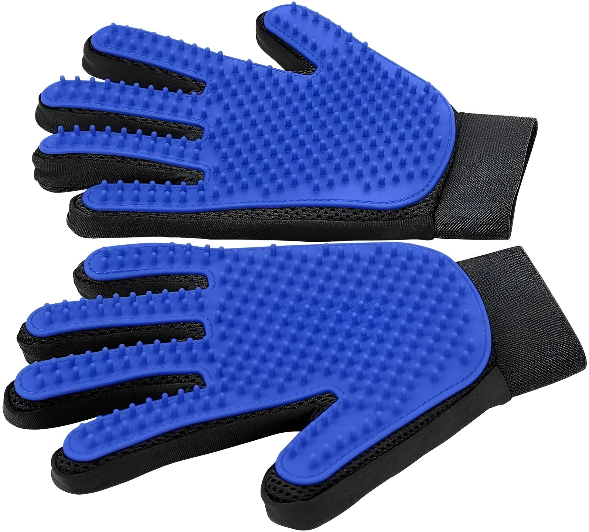 Blue silicone pet grooming gloves with silicone tips for removing hair from dogs and cats.