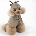 Camel-coloured cotton cloak for a small dog with an adjustable hat, shown in a detective suit style.
