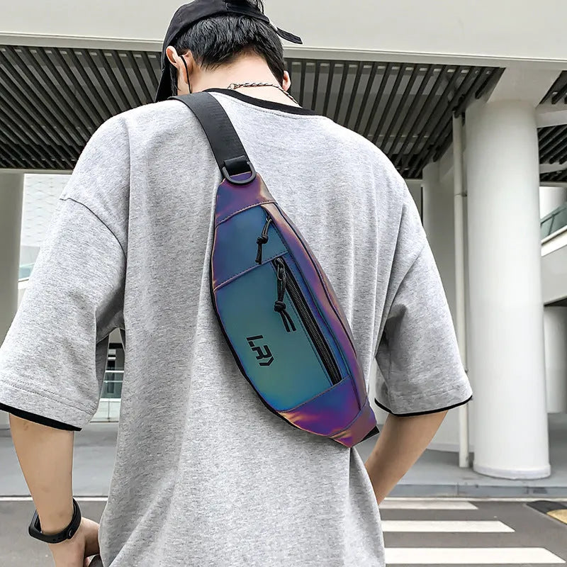 Blue reflective Oxford cloth crossbody chest bag with open pocket and soft handle for cycling