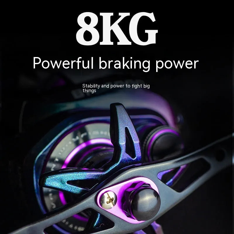 BM2000 fishing reel with water drop shape and magnetic brake system, shown in left-hand and right-hand retrieve options.