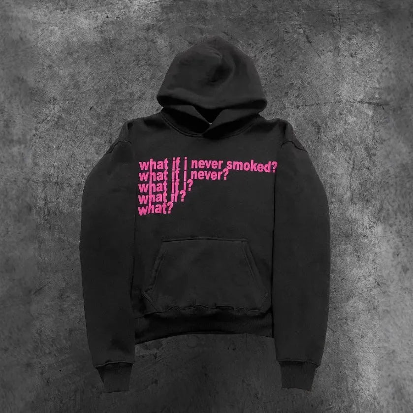 Black hooded sweater with white letter print design, showing pullover style with regular sleeves