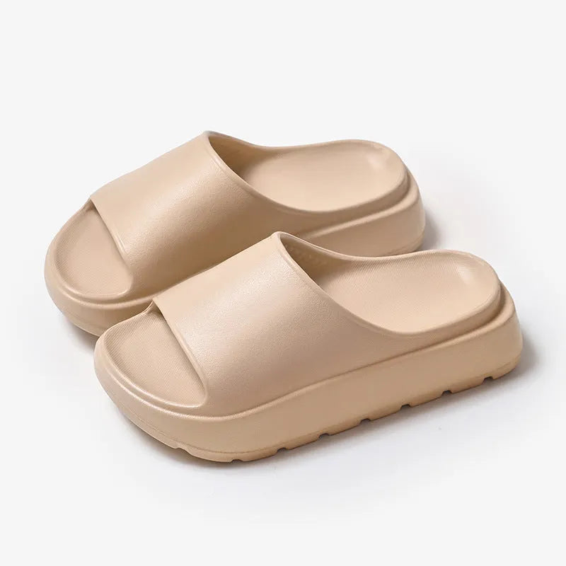 Women's thick sole beach slippers with fish mouth design in beige, black, khaki or rose red colours