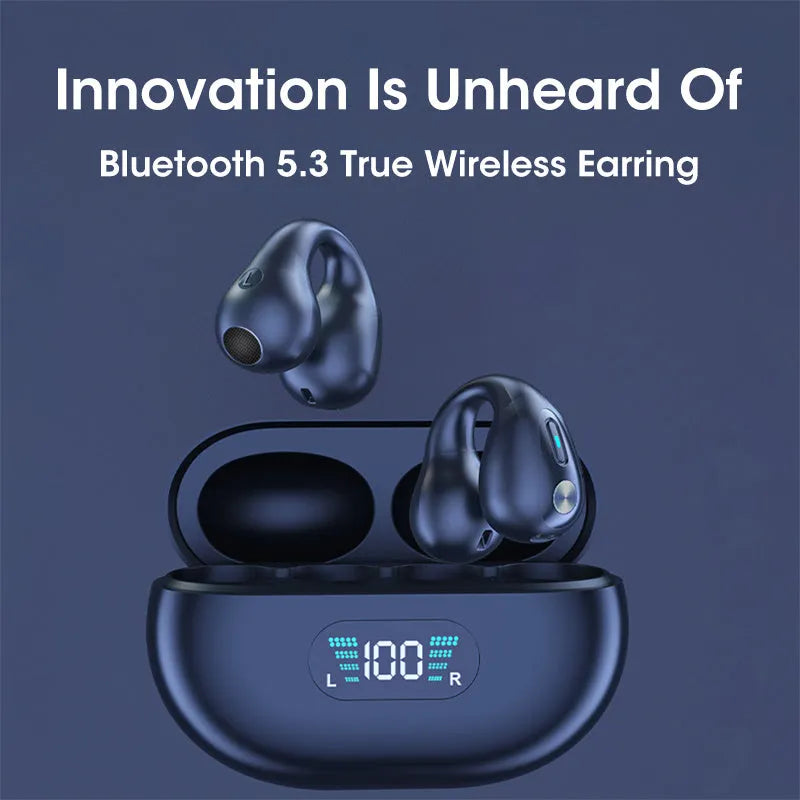 Bone conduction Bluetooth headset with ear clip in black, white, or khaki colour options.