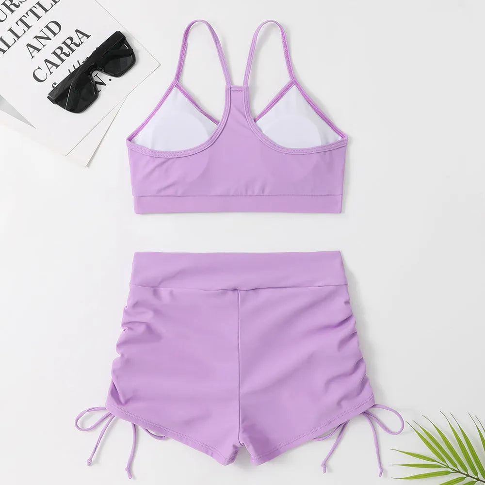 Women's high waist split swimsuit bikini set in violet or black nylon spandex