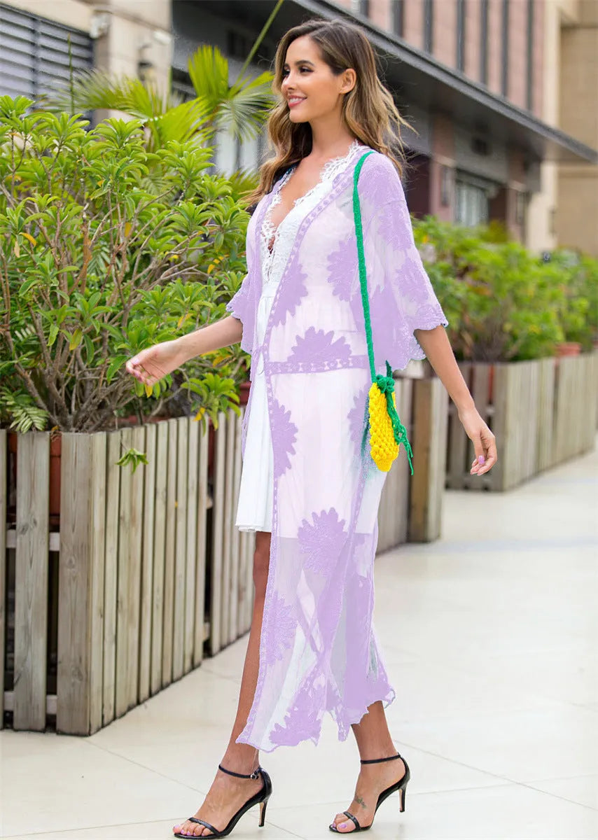 Light purple beach dress cardigan with lace embroidery for swimming cover-up