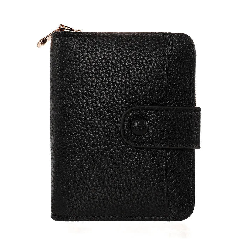 Lychee pattern short wallet in beige with organiser compartments and sewing thread detailing