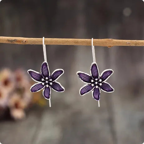 Purple flower-shaped alloy earrings with retro design and electroplated finish