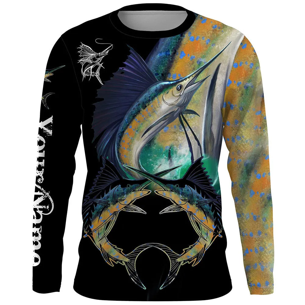 Men's grey pullover with a fish pattern print, round neck, and long sleeves.