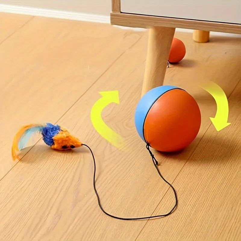 Blue and orange interactive plush mouse cat toy shown with a ball shape, measuring 8.5 cm.