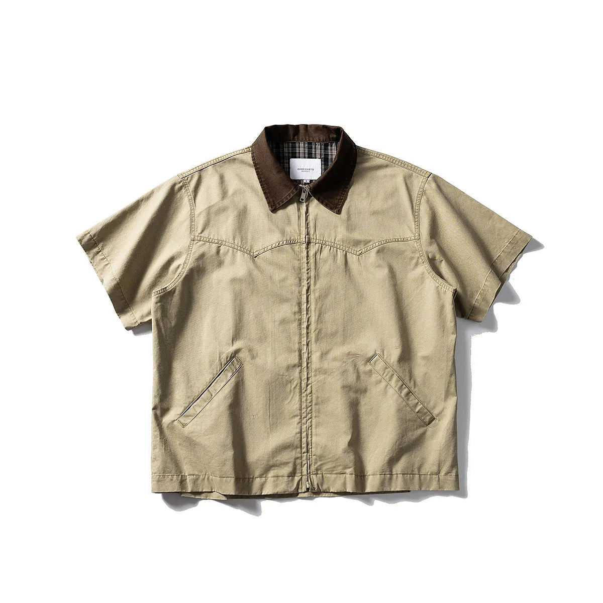 Washed cotton short sleeve overall shirt in loose fit cardigan style for teenage leisure wear