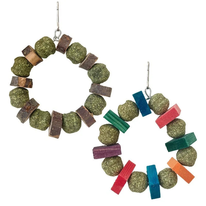 Small pet straw ball ring chew toy in coloured sequin or Applewood options