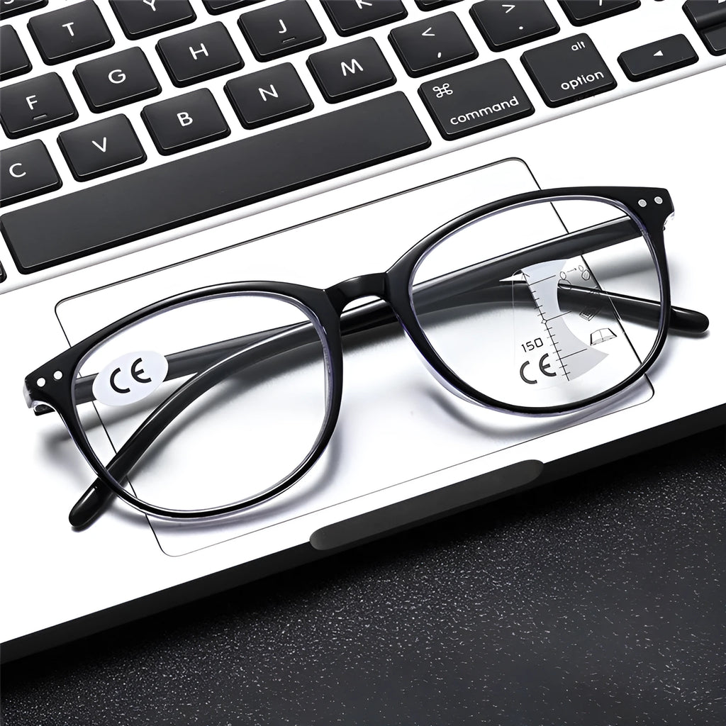 Ultra-light women's multi-focus reading glasses with magnetic clip-on sunglasses in black and blue frame.