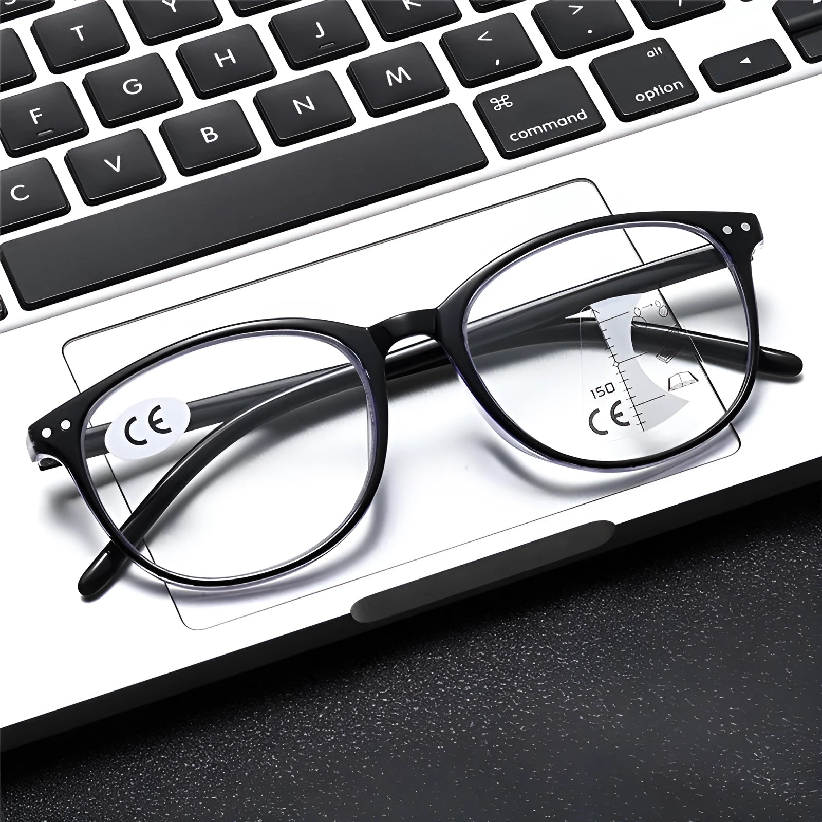 Ultra-light women's multi-focus reading glasses with magnetic clip-on sunglasses in black and blue frame.