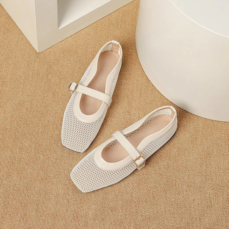 Women's beige mesh low-heel pump with square toe and buckle fastening.