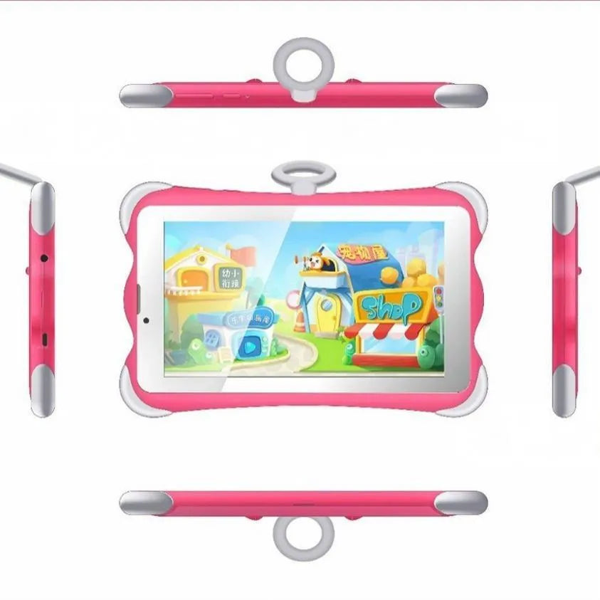 Cartoon-coloured 7-inch children's learning tablet with a protective stand on a table.