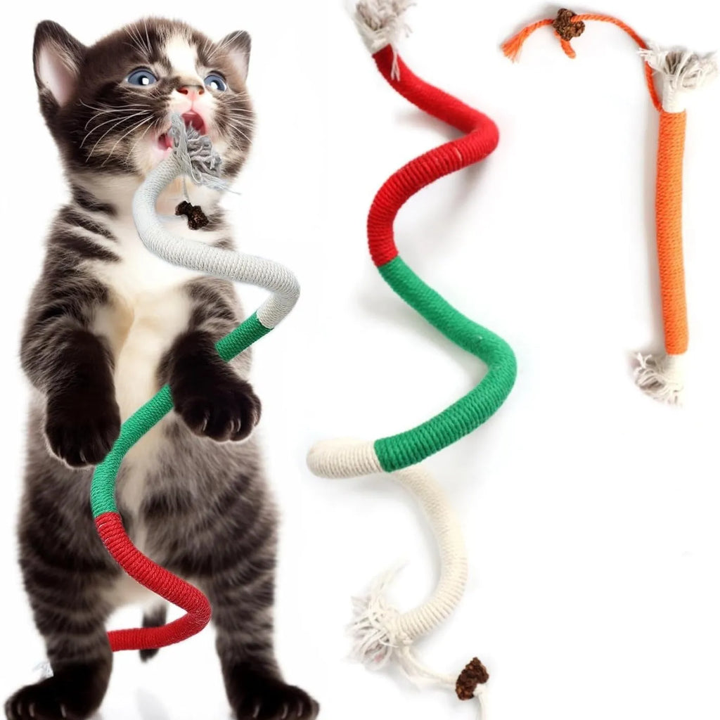 70cm long cat bite rope toy with cotton string in purple, orange, or red and green colour options