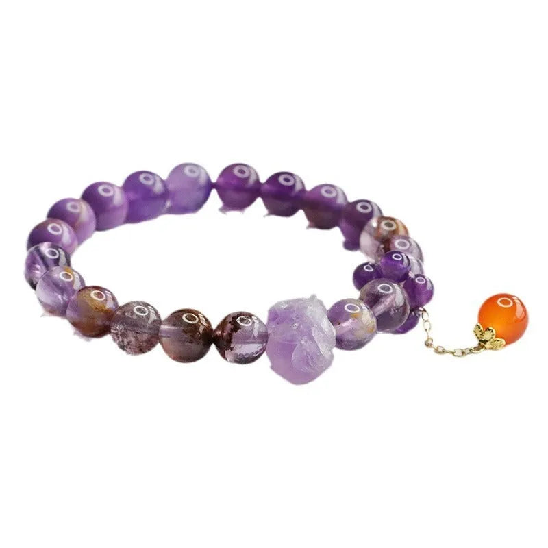 Natural nine purple crystal bracelet with amethyst beads and red agate stones in Mori style design