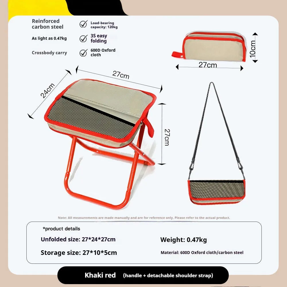 Lightweight foldable camp chair stool in khaki colour, shown both set up and folded into its compact pencil box carry case.