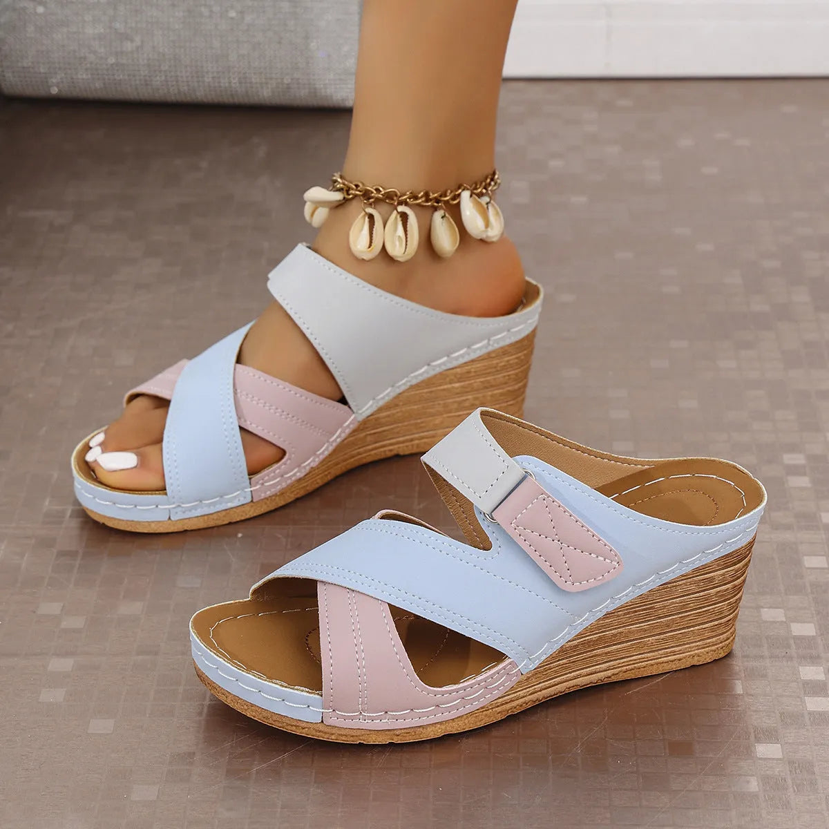 Women's wedge slippers with Velcro fastenings and fish mouth toe bracket in multiple colour options