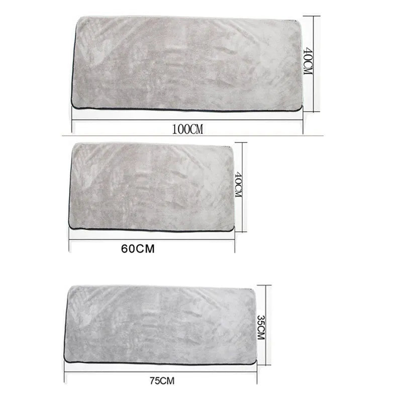 Microfiber car wash towel shown in three size options for vehicle and household cleaning