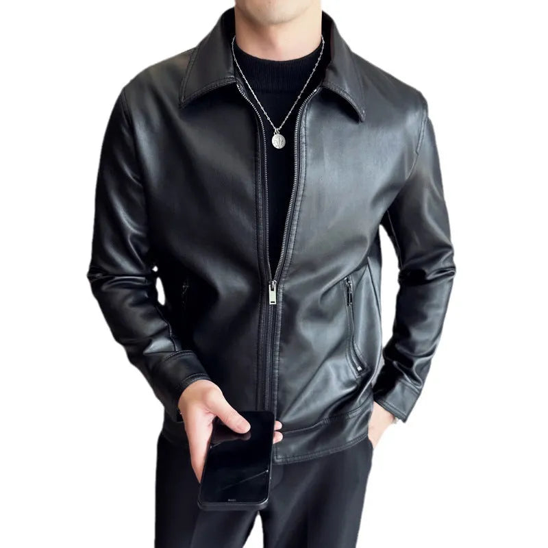 Black men's loose fit PU leather casual jacket with a zip pocket.