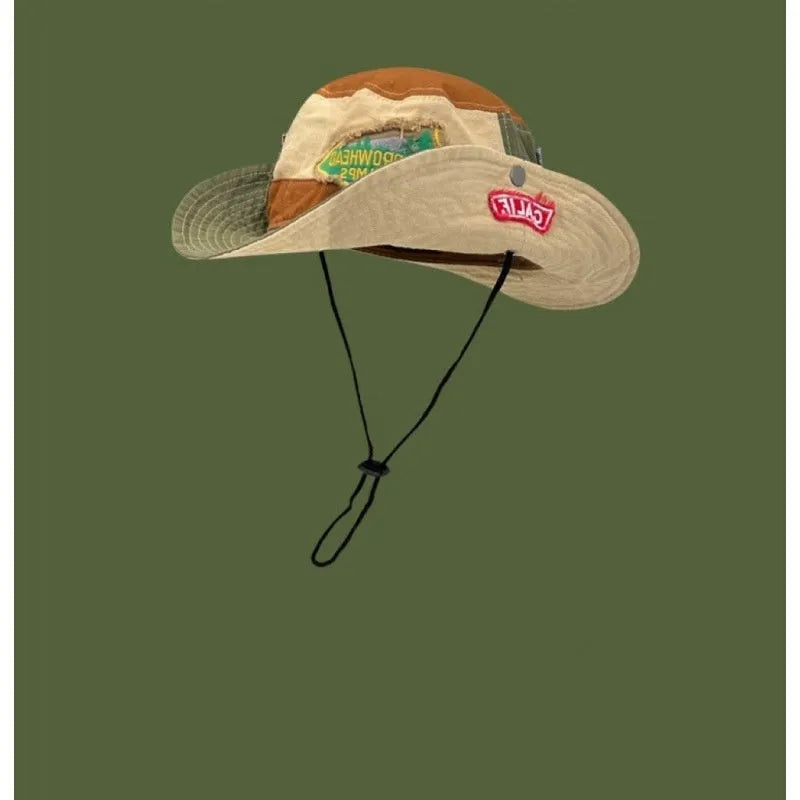 Army green women's cotton fisherman hat with retro patch design and flat top crown