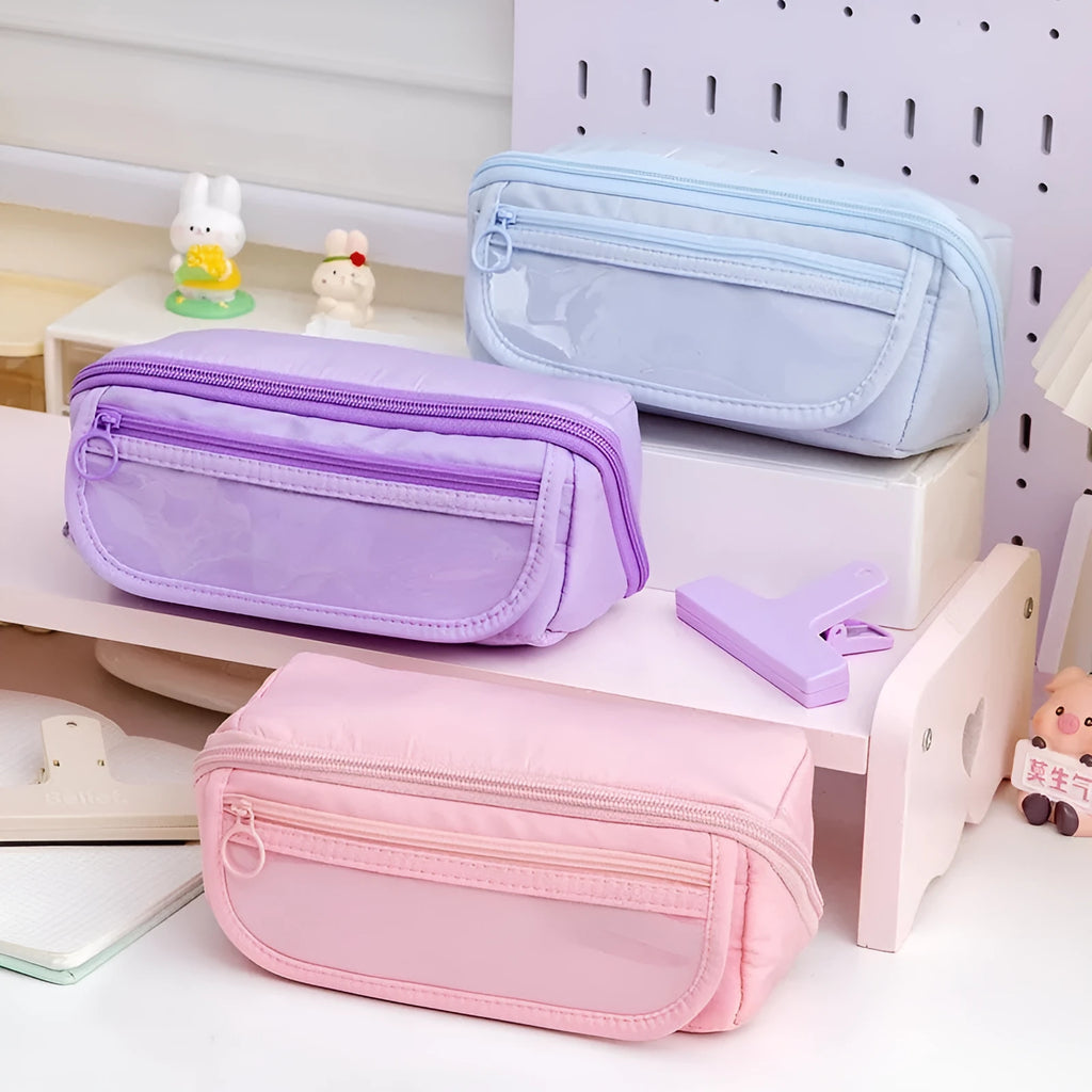 Korean style ten-layer flip canvas pencil case open showing multiple compartments for pens.