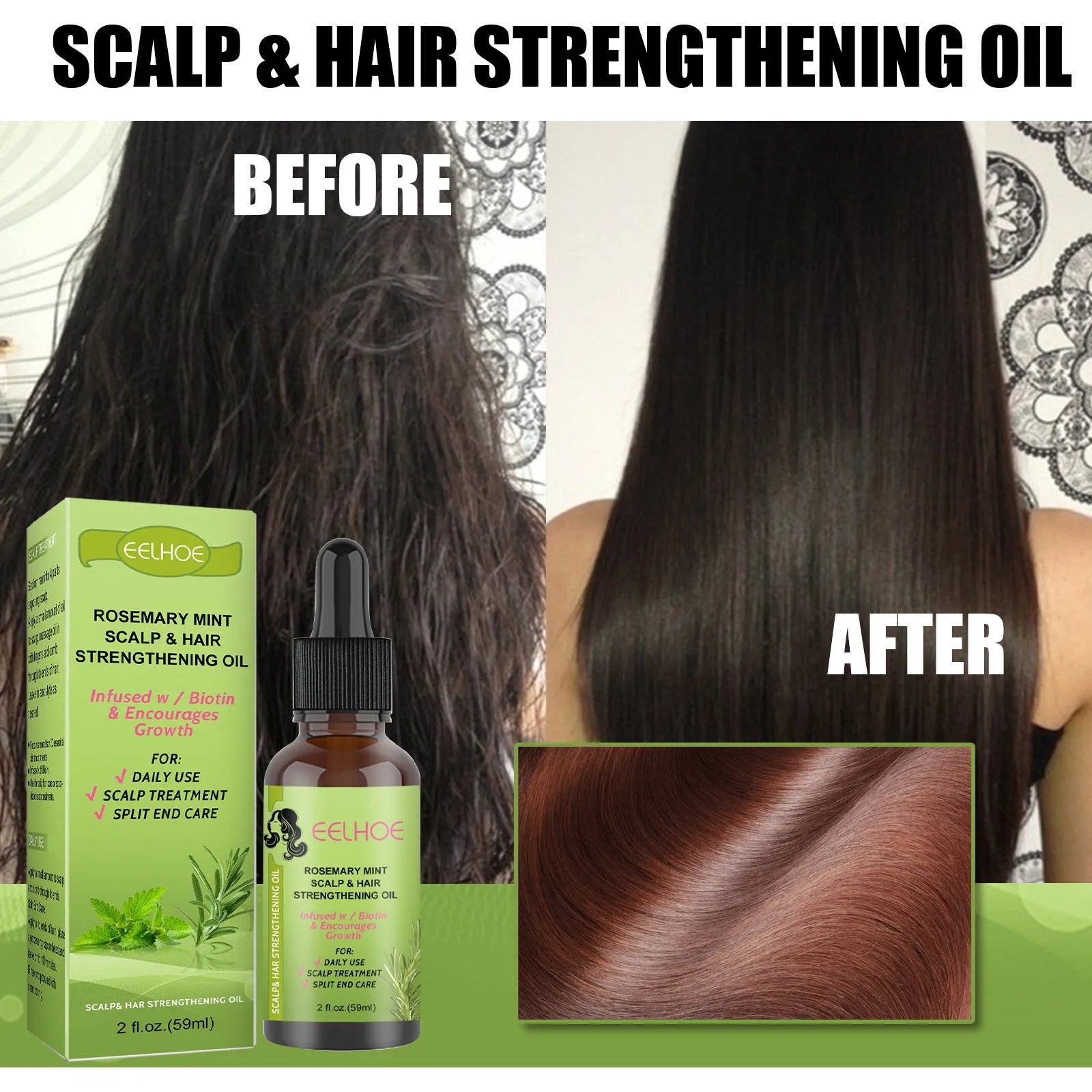 59ml bottle of Rosemary Mint Hair Growth Fluid for scalp massage and hair nourishment