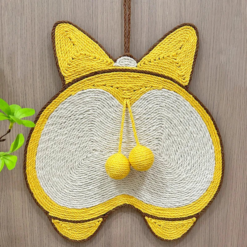Yellow sisal cat scratching board with Corgi butt design and anti-slip base