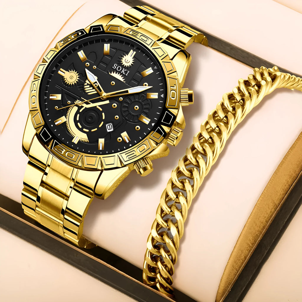 Men's gold-coloured business quartz watch with stainless steel strap on wrist