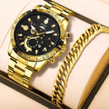 Men's gold-coloured business quartz watch with stainless steel strap on wrist