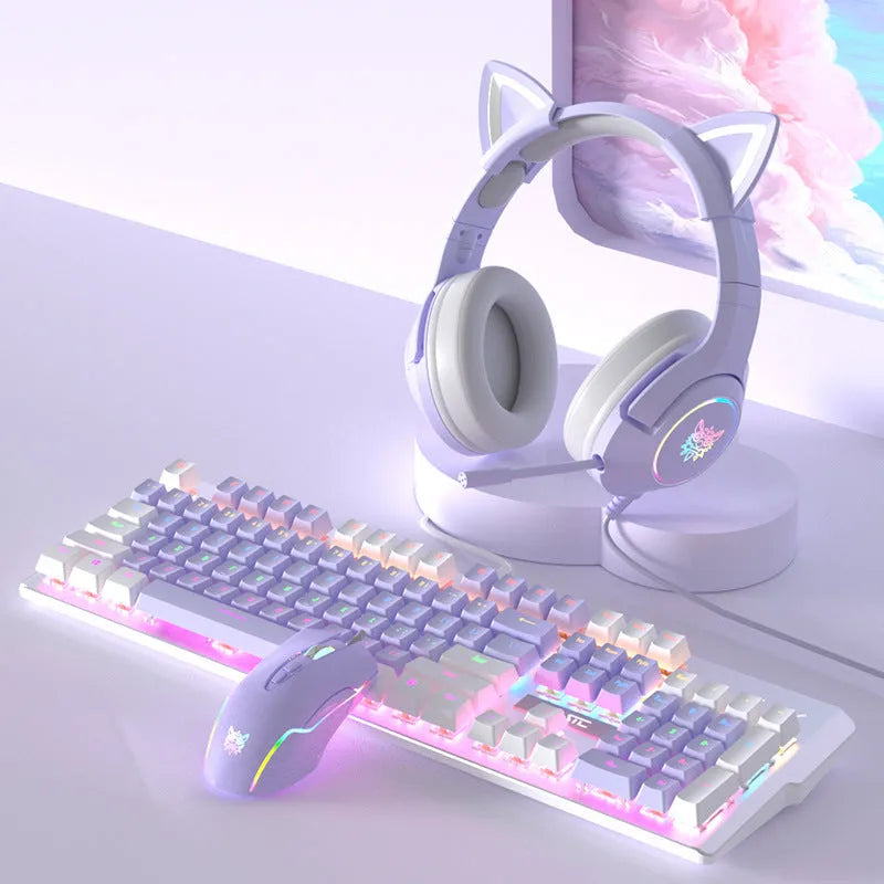White and purple mechanical keyboard and mouse set with RGB backlight and gaming headset