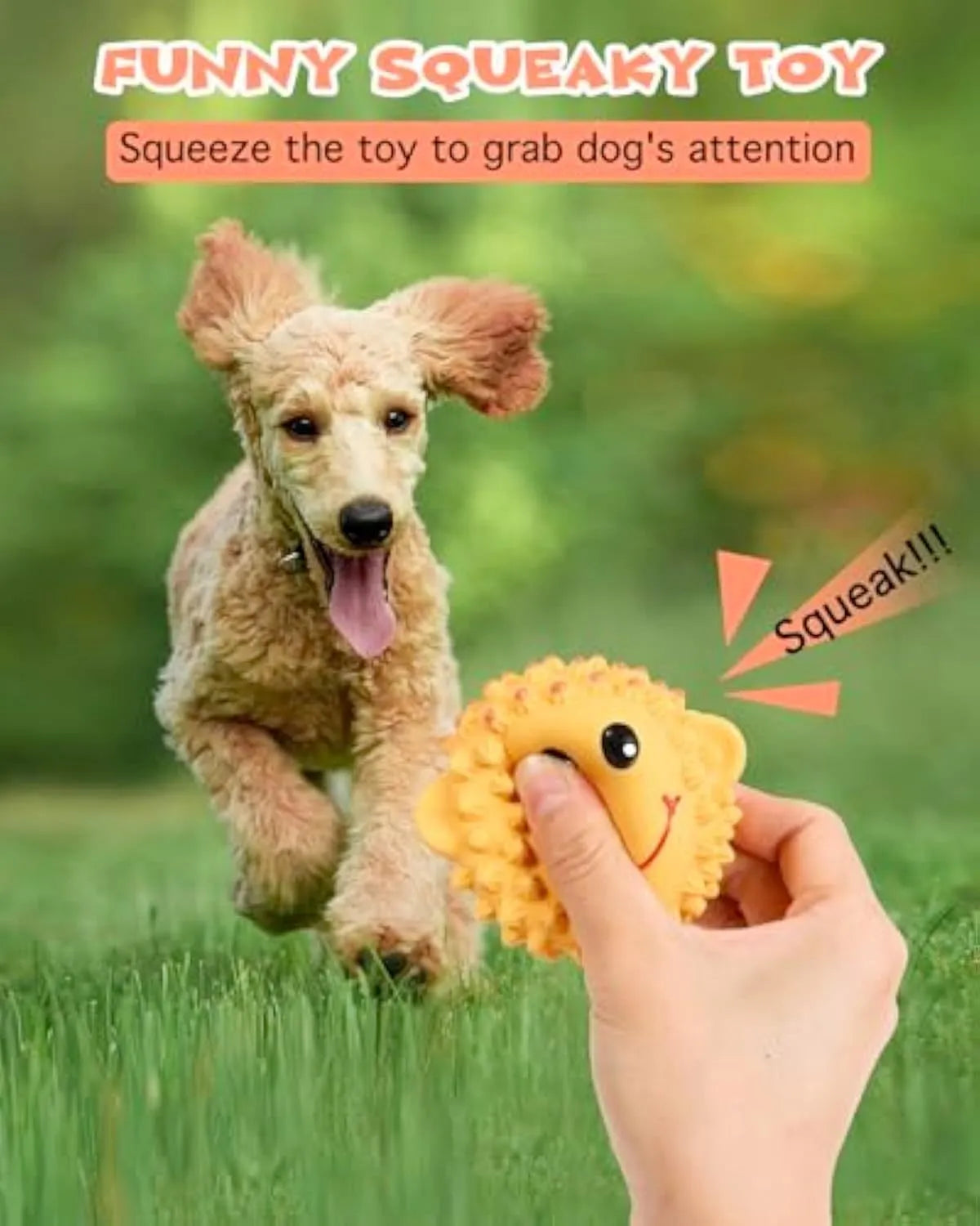 Orange and yellow spiky latex animal dog toys with squeakers for small medium breeds.
