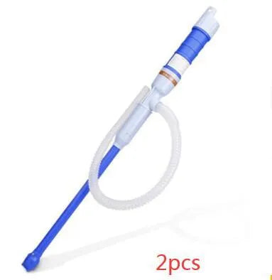 Red and blue manual hand pump siphon for transferring fuel oil and gasoline
