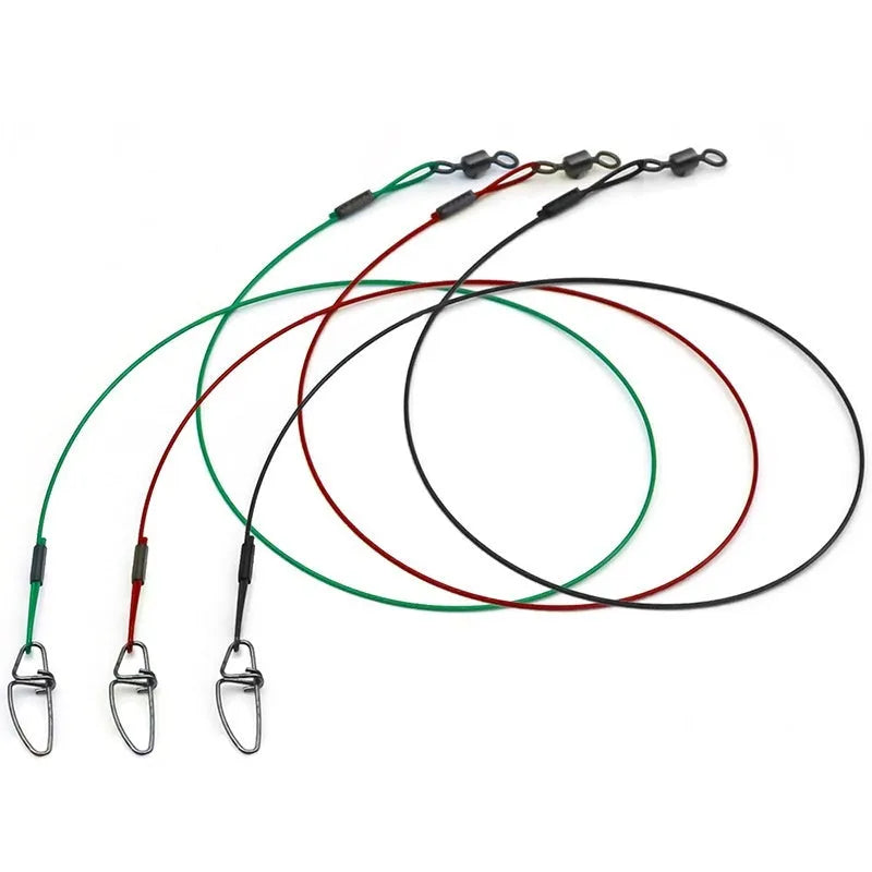 54cm steel wire fishing leaders with double buckle pin in black, green, and red colours