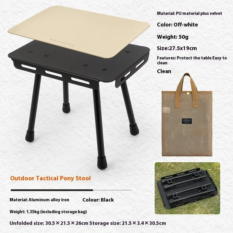CLS aluminium folding camping stool with PU mat cushion, shown converted into a small side table.