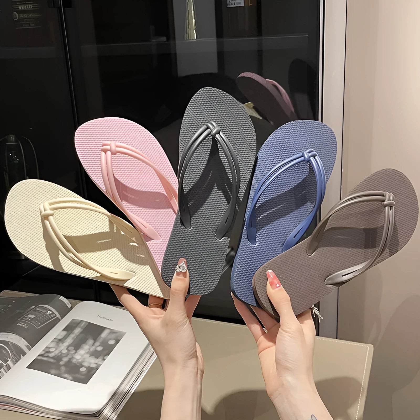 Women's pink flip flops with toe-covering design and non-slip PVC sole for summer outdoor wear