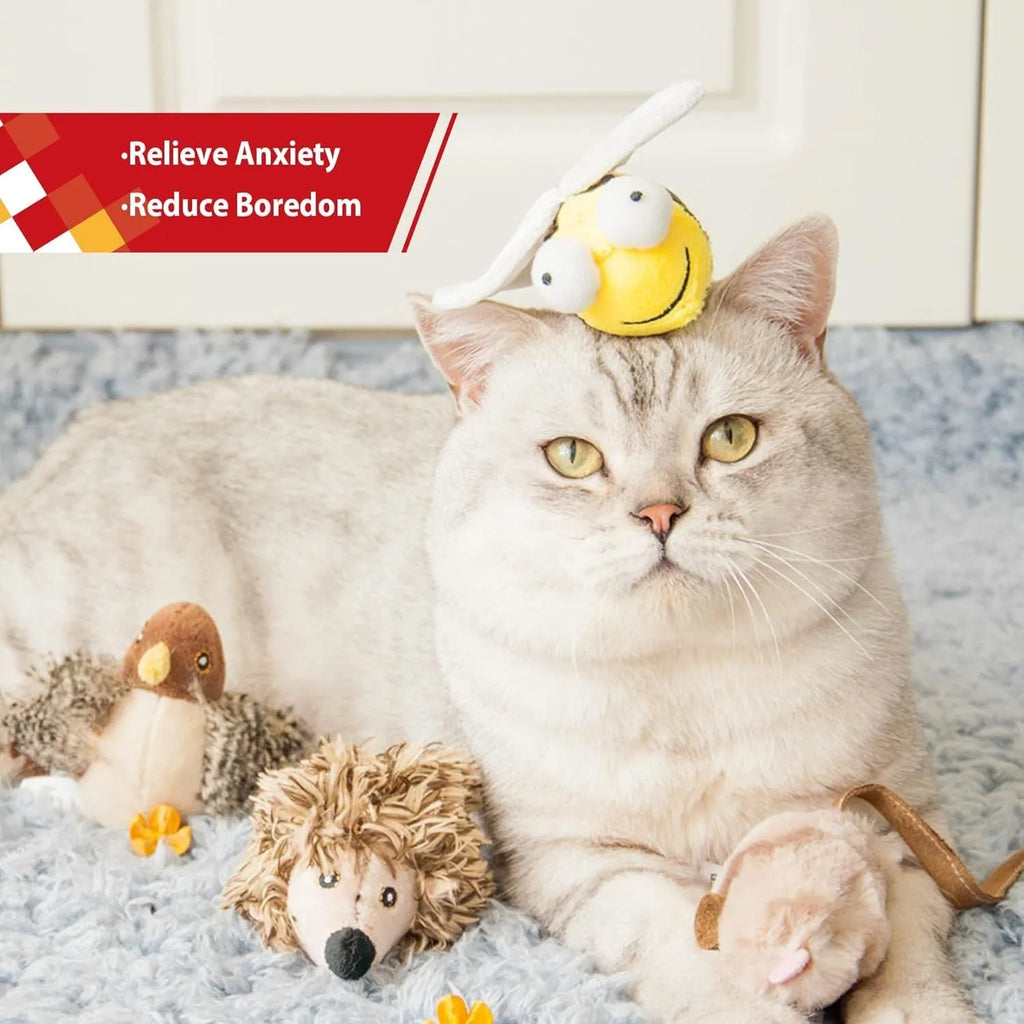Yellow bee-shaped electronic cat toy with motion-activated chirping sound function