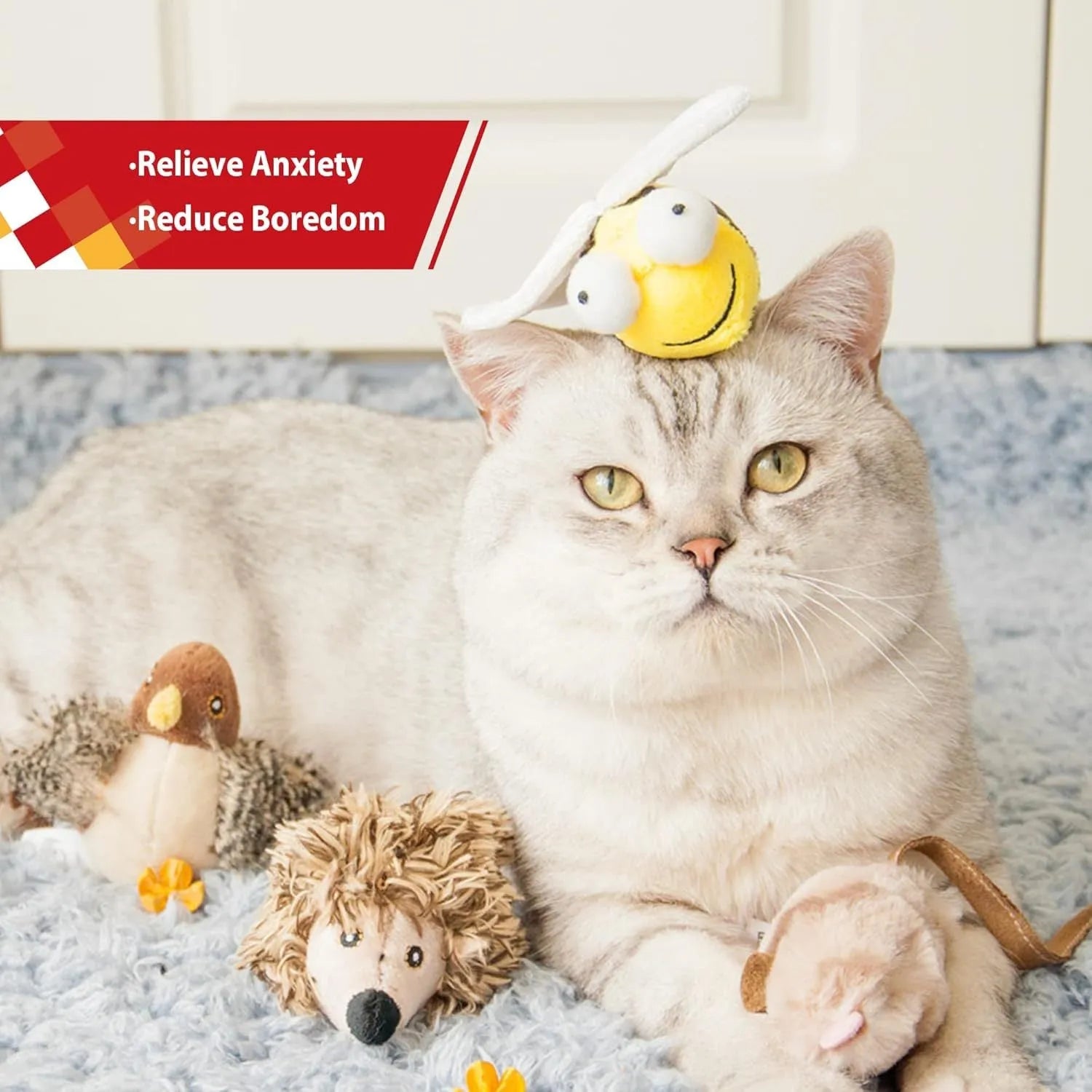 Yellow bee-shaped electronic cat toy with motion-activated chirping sound function